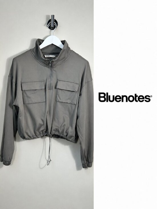 Bluenotes Tops - Bluenotes Grey Cropped Quarter Zip Pullover Utility Pocket Drawstring L/XL
